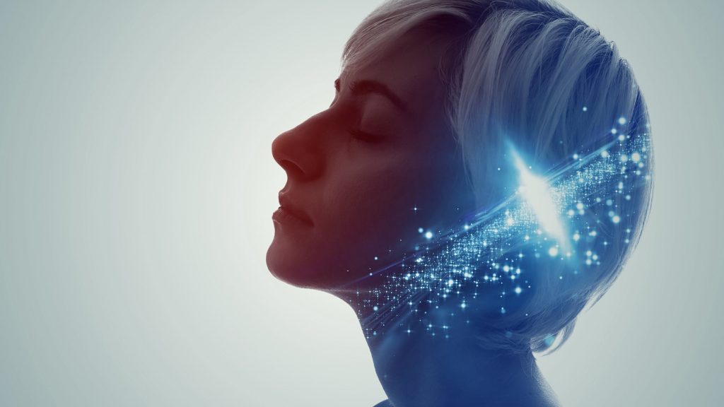 Meditating woman. Science technology concept. Mindfulness.